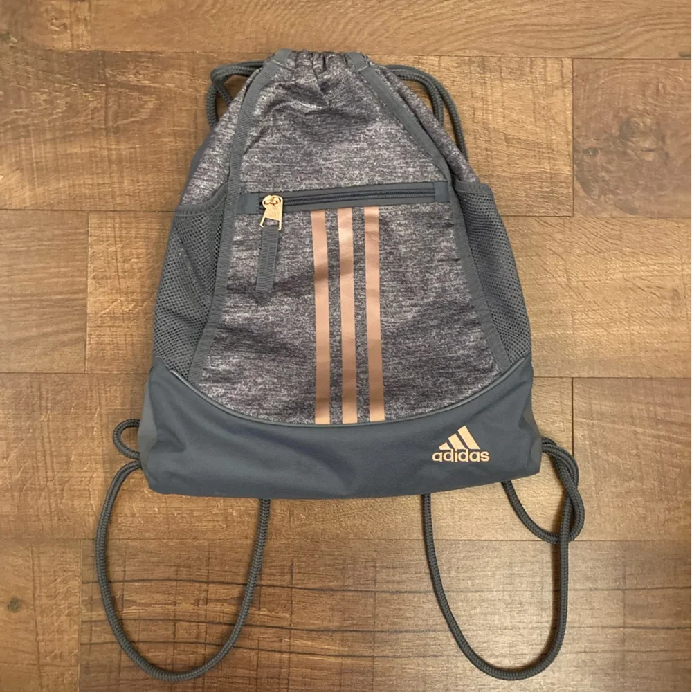 Adidas Gray Drawstring Backpack Bag w/ Rose Gold Accent Details EUC - Picture 1 of 7